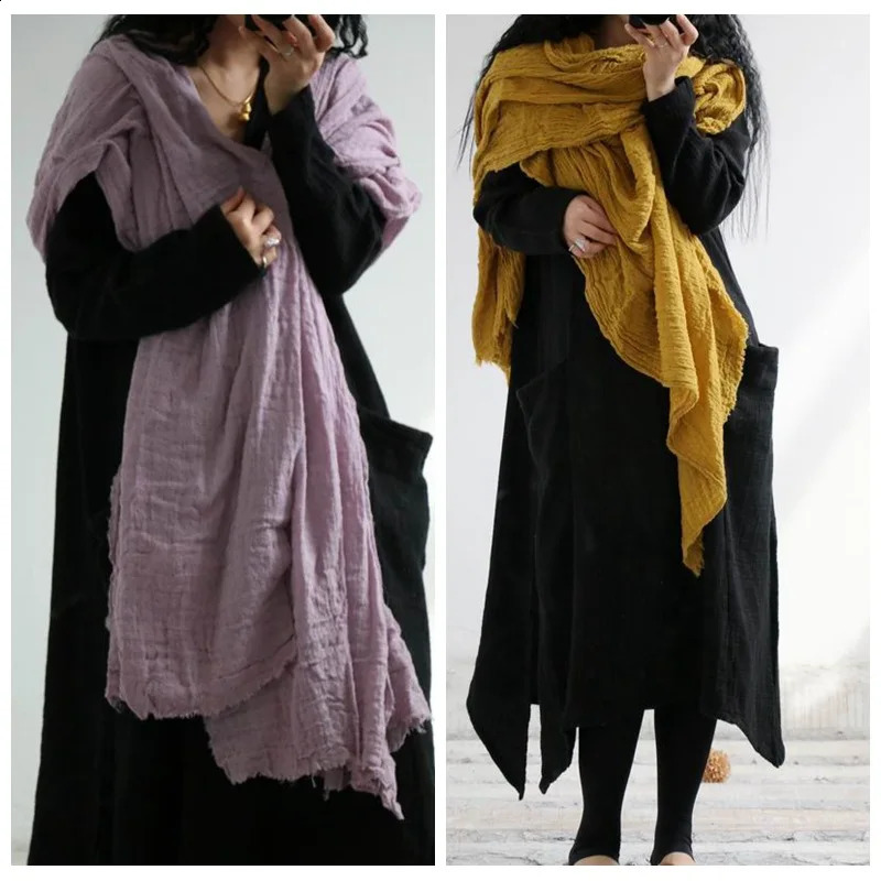 Womens pleated cotton linen scarf loose packaging solid color retro scarf womens scarf 240905