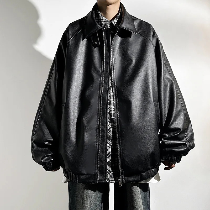 autumn loose fitting mens leather jacket mens solid color zipper outdoor fashion student mens coat top 240903