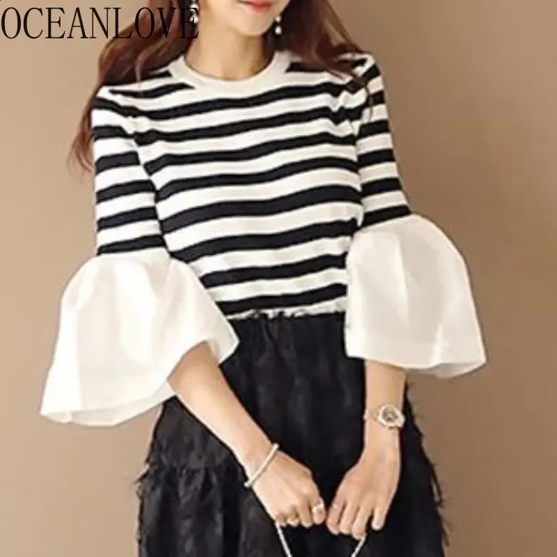 OCEANLOVE Patchwork Women Pullovers Stripes Flare Sleeve Vintage Sweet Spring Autumn Sweaters Korean Fashion Knitwears 240906