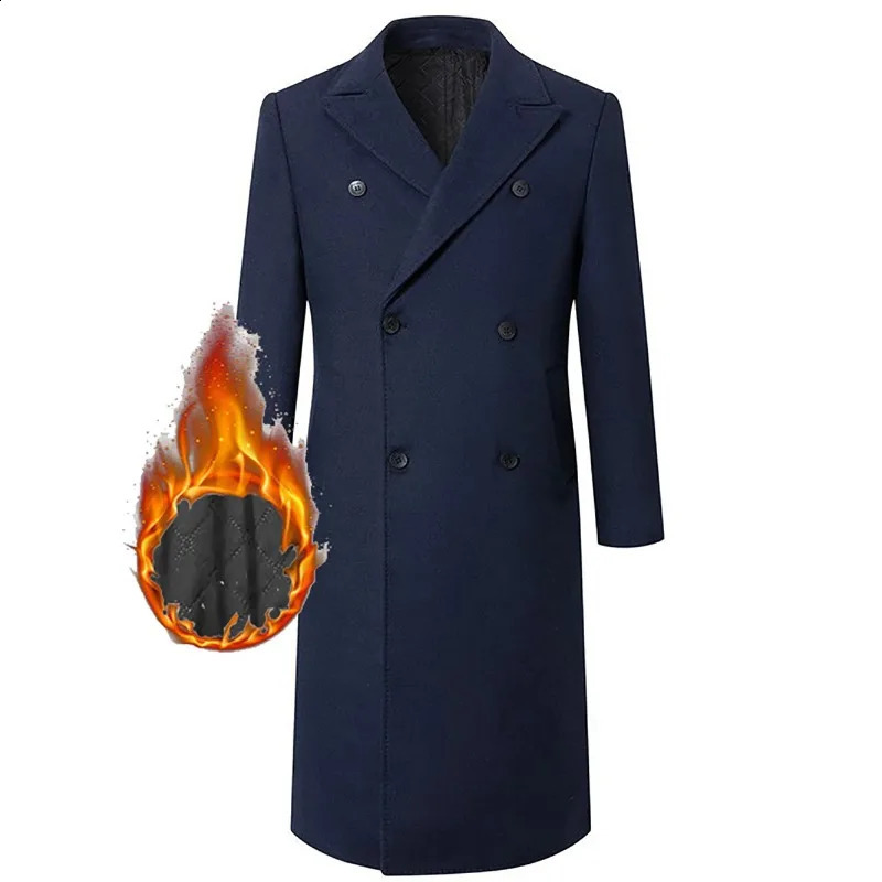 Mens Winter Woolen Coats Mens Double-breasted Casual Slim Business X-Long Wool Windbreaker Jackets Thicken Warm Trench Outwear 240903