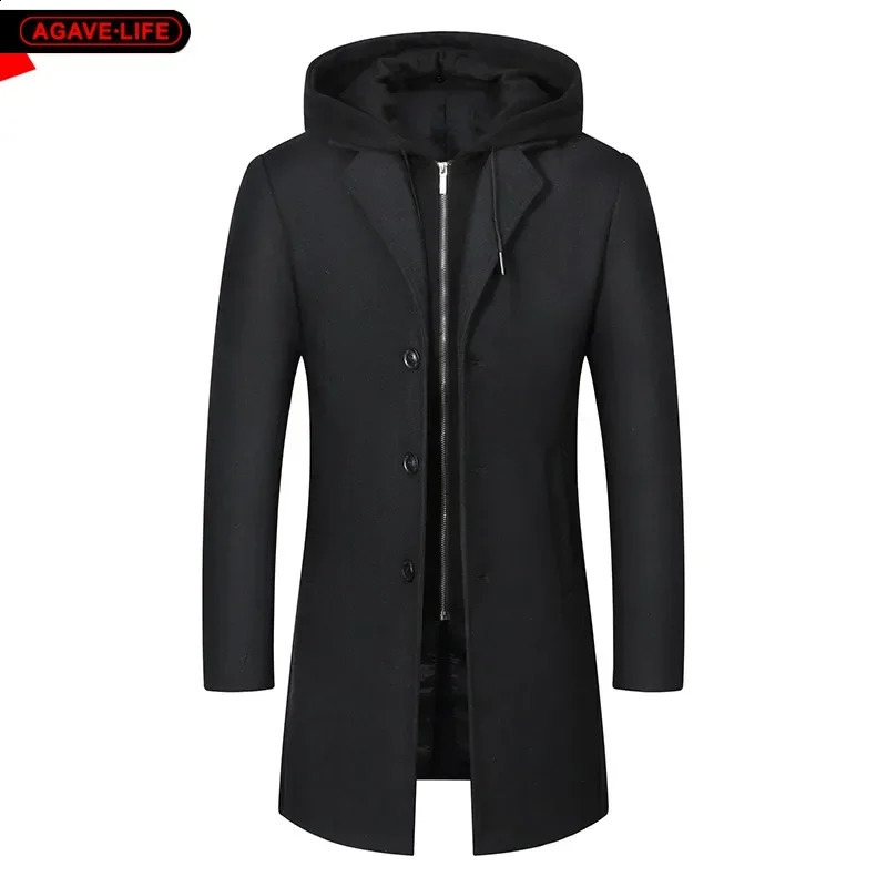 Business Mens Jacket Autumn Winter Casual Coat Warm Thicken Mid-length Man Jacket Fashion Comfortable Hooded Men Woolen Jackets 240903