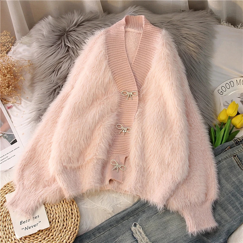 Pink mink fluffy clothes coat autumn and winter womens loose Vneck short sweater cardigan 240907