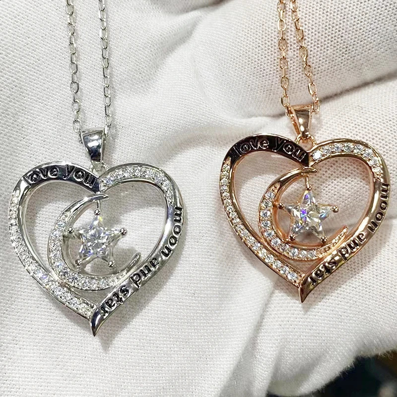 Diamond Necklace 18K Rose Gold Plated 925 Pure Silver Moon Star Pendant 240906
