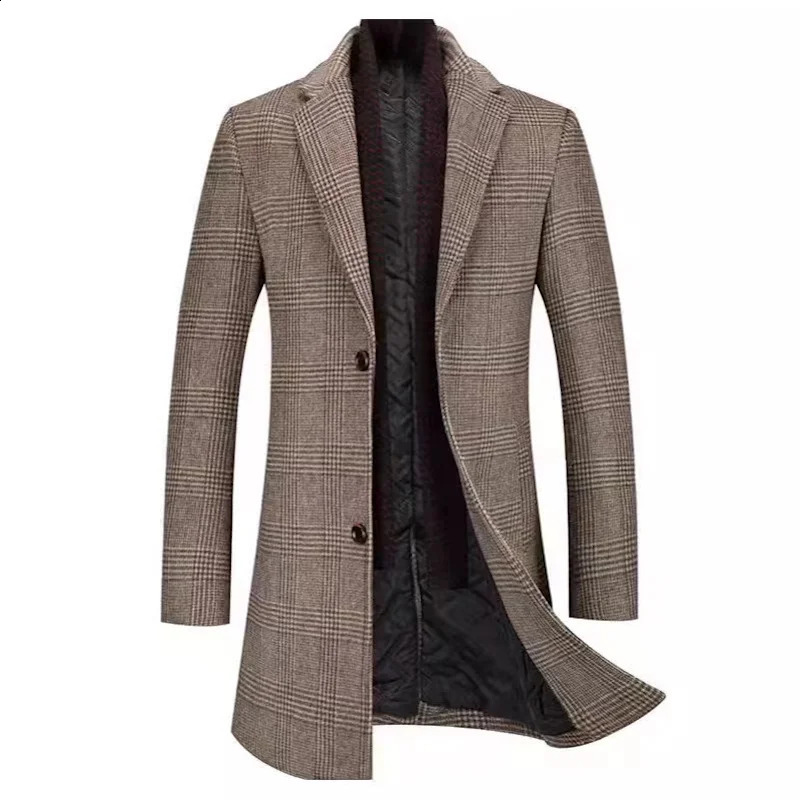 Autumn/Winter Mens Woolen Coat Fashion Collar Scarf Thickened Cotton Wool Woolen Coat Warm Business Casual Coat Top 240903