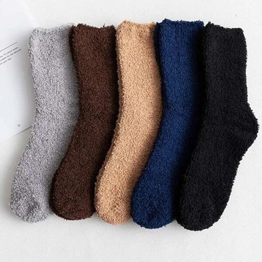 5 pairs of mens thick and medium tube plush socks for winter warmth coral fluffy solid color soft and comfortable mens sleeping floor socks 240907