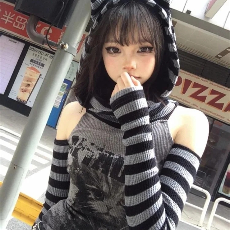 Japanese striped patch work hoodie womens Gothic retro cat print hollow weight loss pulley Harajuku style dark punk top 240907