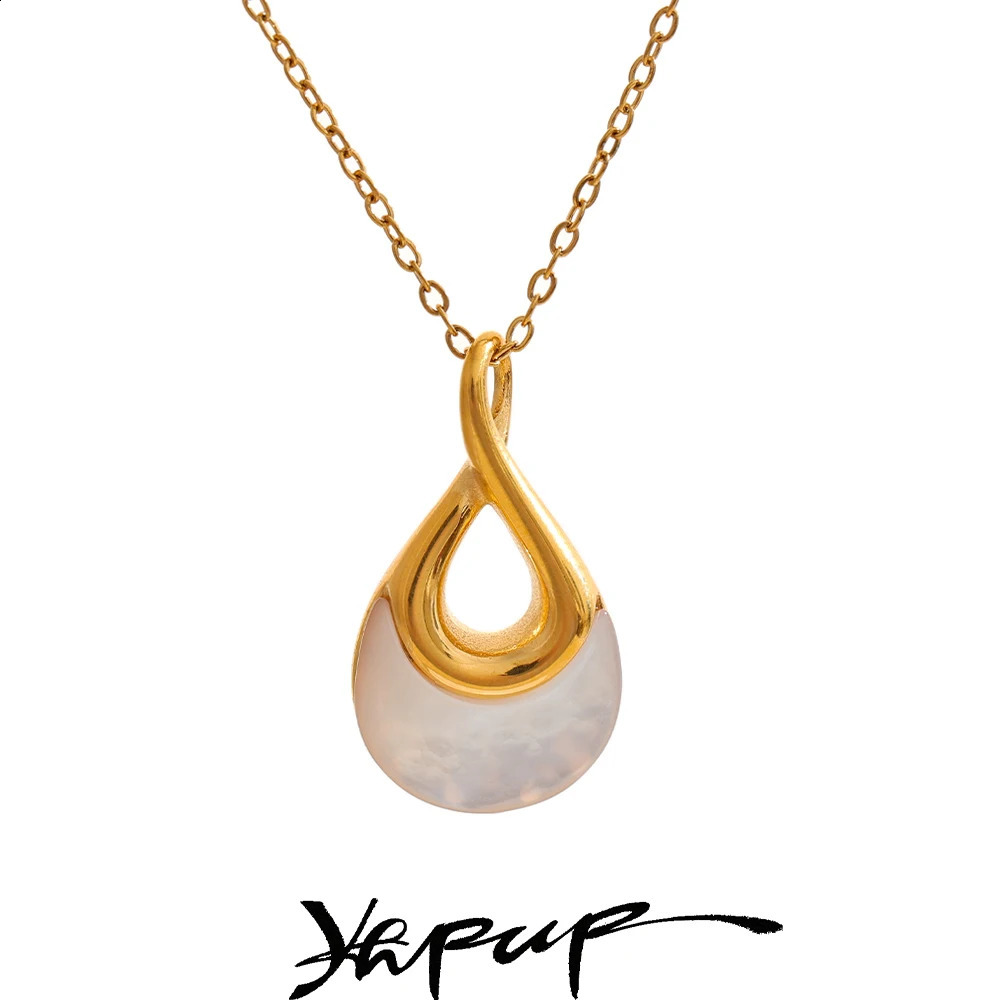 Yhpup Natural Stone Water Drop Exquisite Pendant Unique Necklace 18K Gold Plated Stainless Steel High Jewelry 240906