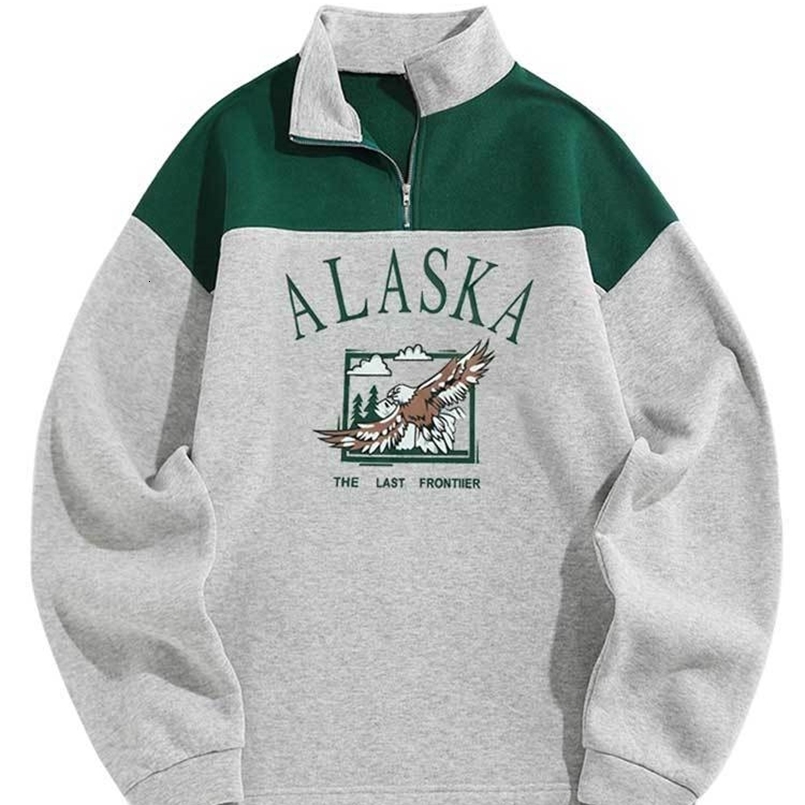 Mens Turtleneck Fleece Sweatshirt ALASKA Graphic Eagle Printed Colorblock Hoodie Unisex Streetwear Pullover Z4949900 240906