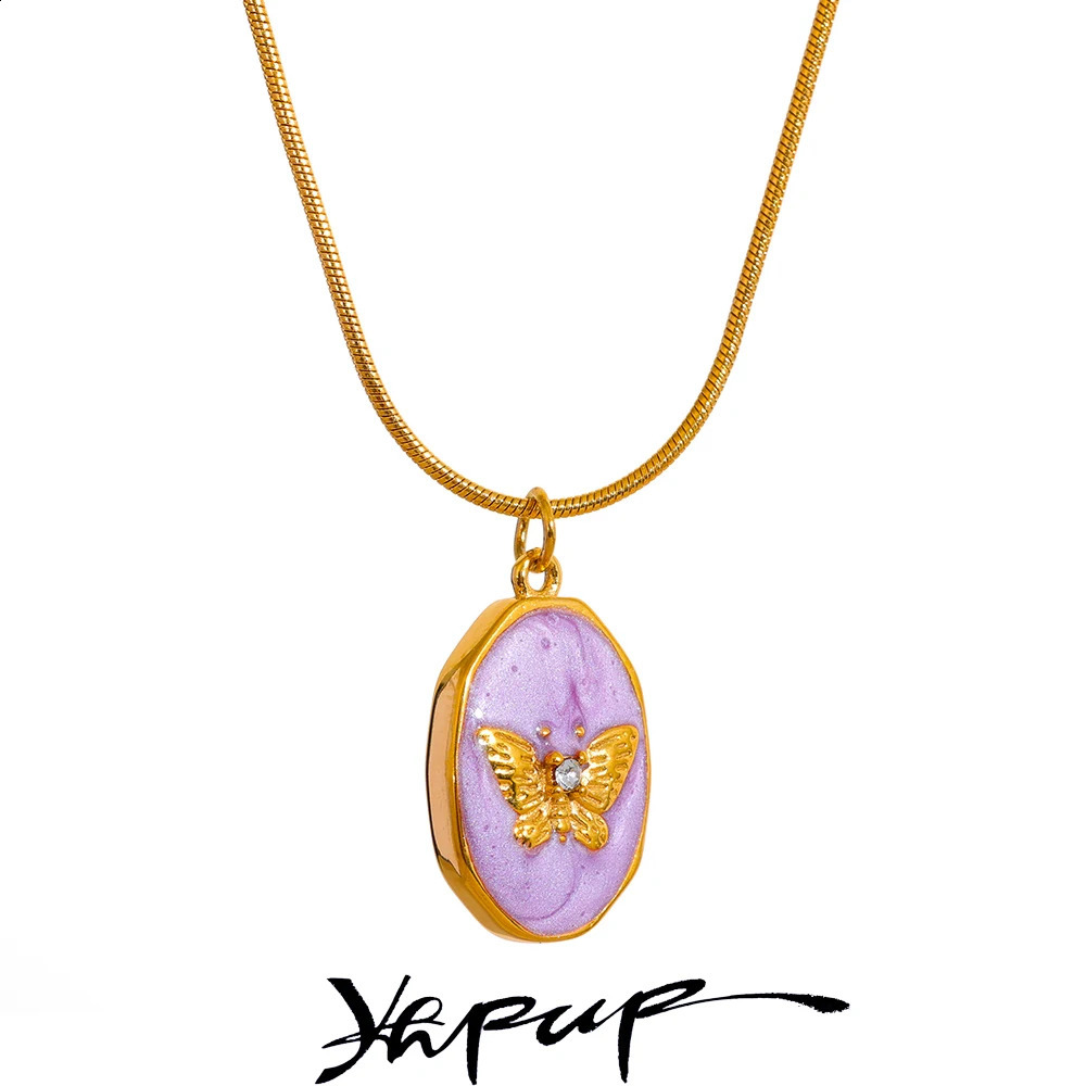 Yhpup Pink Enamel Butterfly Gold Plated Geometric Pendant Stainless Steel Necklace Fashion Necklace Korean Womens Fashion Jewelry Gift 240906