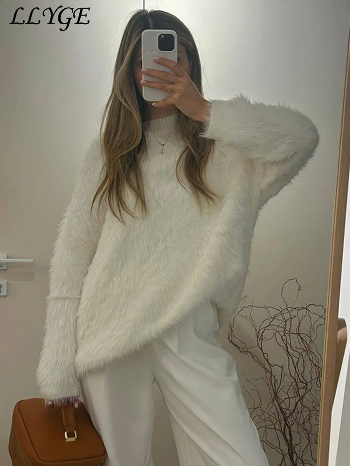 Fluffy Knitted Mohair Sweater Women Loose Solid Oneck Long Sleeve Female Pullovers 2024 Autumn Winter Lady Lazy Cozy Knitwear 240907