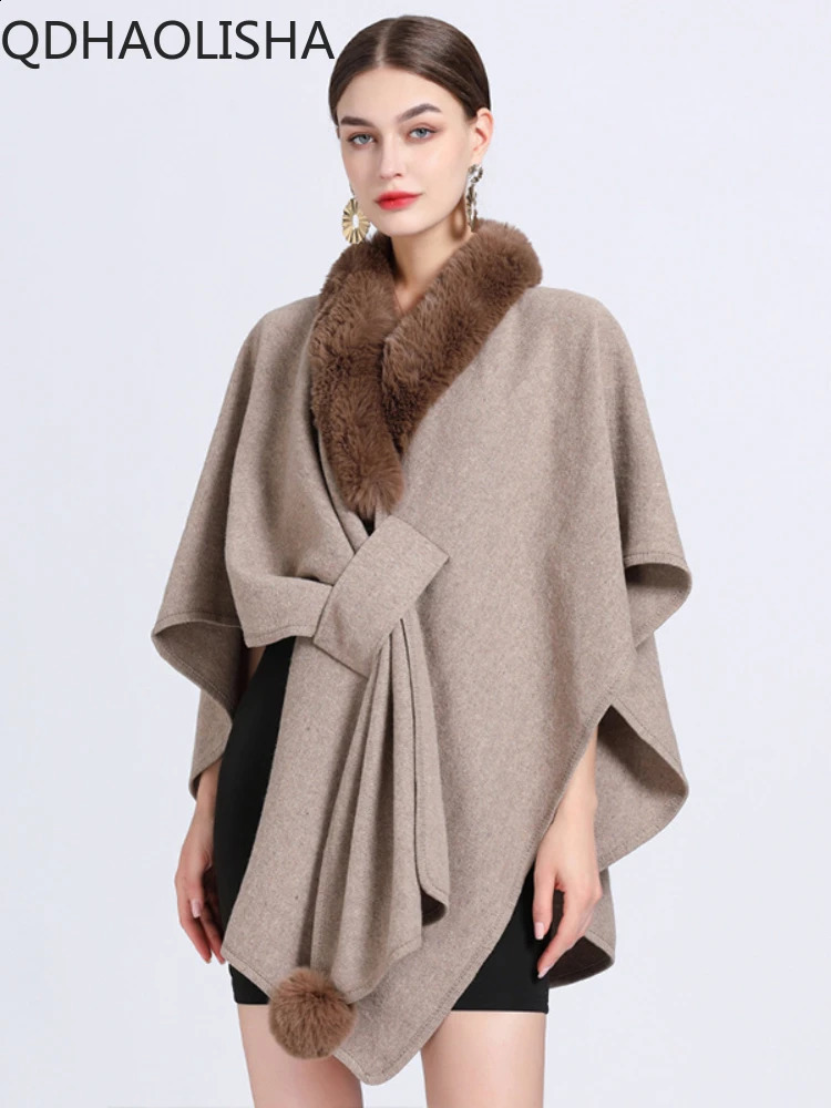 Womens fur raincoat jacket knitted open collar wool elegant casual fur collar shawl wool coat sleeveless Korean fashion shawl 240907