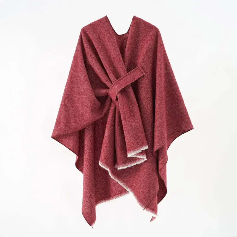 Womens cashmere felt shawl coat womens winter shawl with belt spring and autumn retro cardigan wool sweater classic simple cape soft large blanket 2