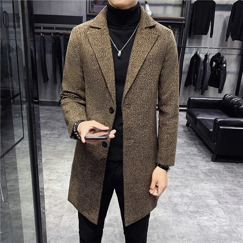 Autumn/Winter Fashion Mens Mid Length Single Breasted Casual Solid Color Versatile Woolen Windbreaker Korean Fit Coat 240903