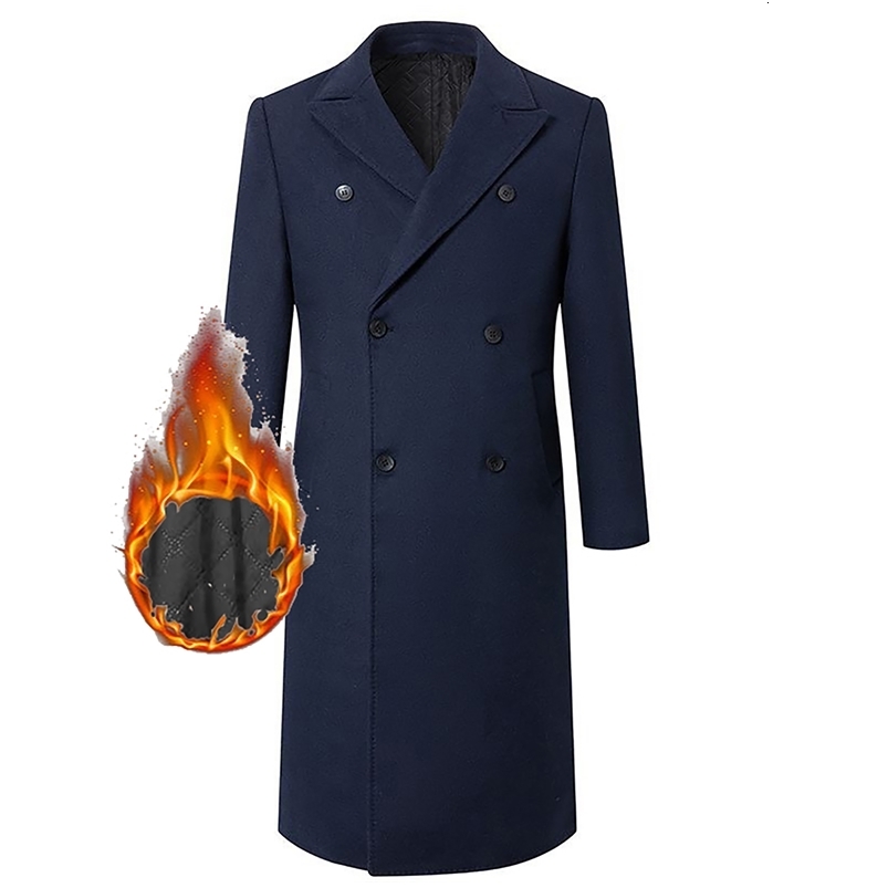 Mens autumn and winter thick padded long knee length woolen coat mens double breasted slim fit trench y240906