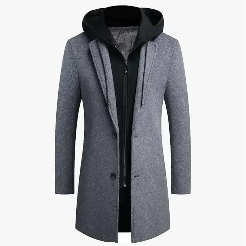 Autumn Winter Men Hooded Wool Jacket Autumn Mens Long Windproof Wool Coat Casual Thick Slim Jacket Male Size M-5Xl 4 Colors 240903