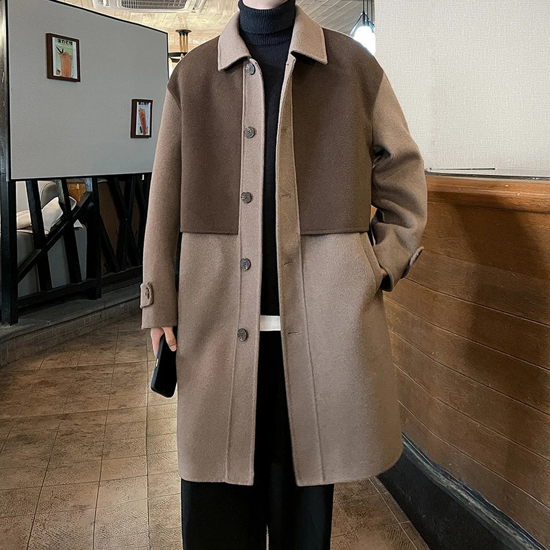 LAPPSTER-Youth Winter Korean Fashion Patchwork Woolen Trench Coat Long Coat Windbreaker Jackets Coats Streetwear Overcoat 240903