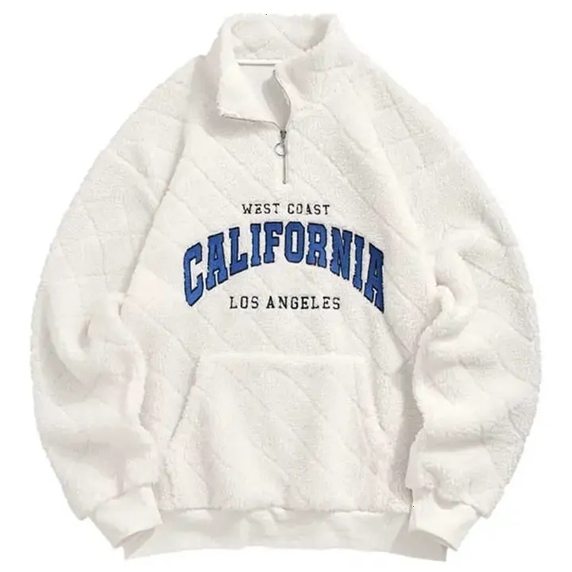 Mens Turtleneck Sweatshirt Letter Embroidered Fluffy Fuzzy Textured Hoodie Sherpa Fleece Sweats Pullover Z5106406 240906
