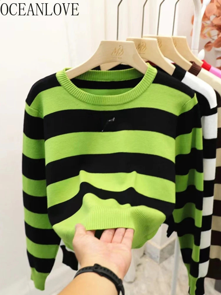 OCEANLOVE Y2k Clothes Sweater Tops Embroidered Letters Autumn Winter Short Pullovers Striped Contrast Color Pull Femme 240906