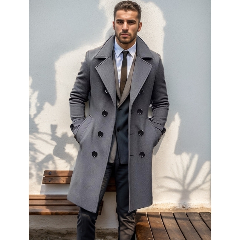 Autumn and winter mens extended double breasted split windbreaker woolen coat y240906