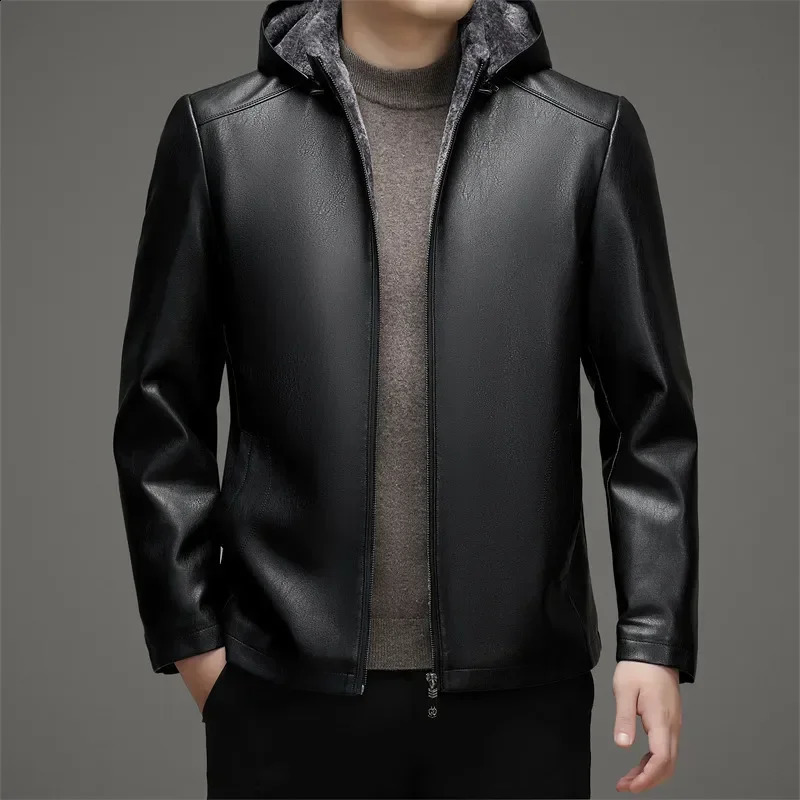 Mens Middle-aged and Elderly Thickened Winter Dads Hooded Loose Standing Collar Leather Jacket 240903