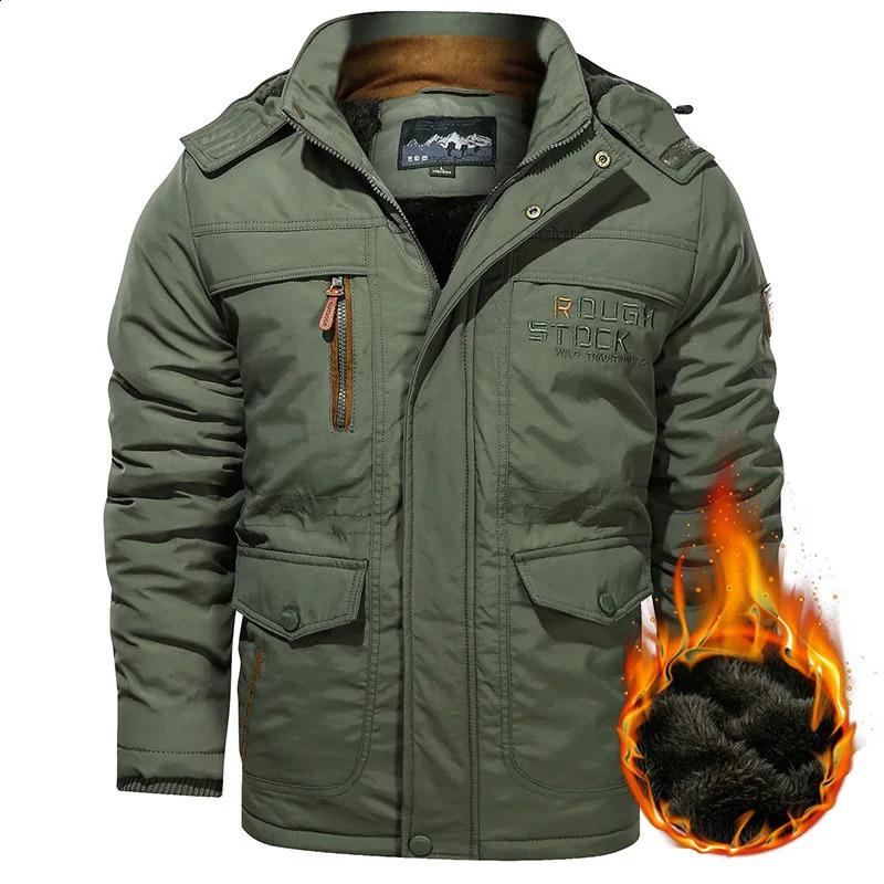 Men Hooded Casual Down Jackets Multiple pockets Tooling Jackets Fleece Warm Parkas Quality Male Outdoors Winter Coats Size 5XL 240903