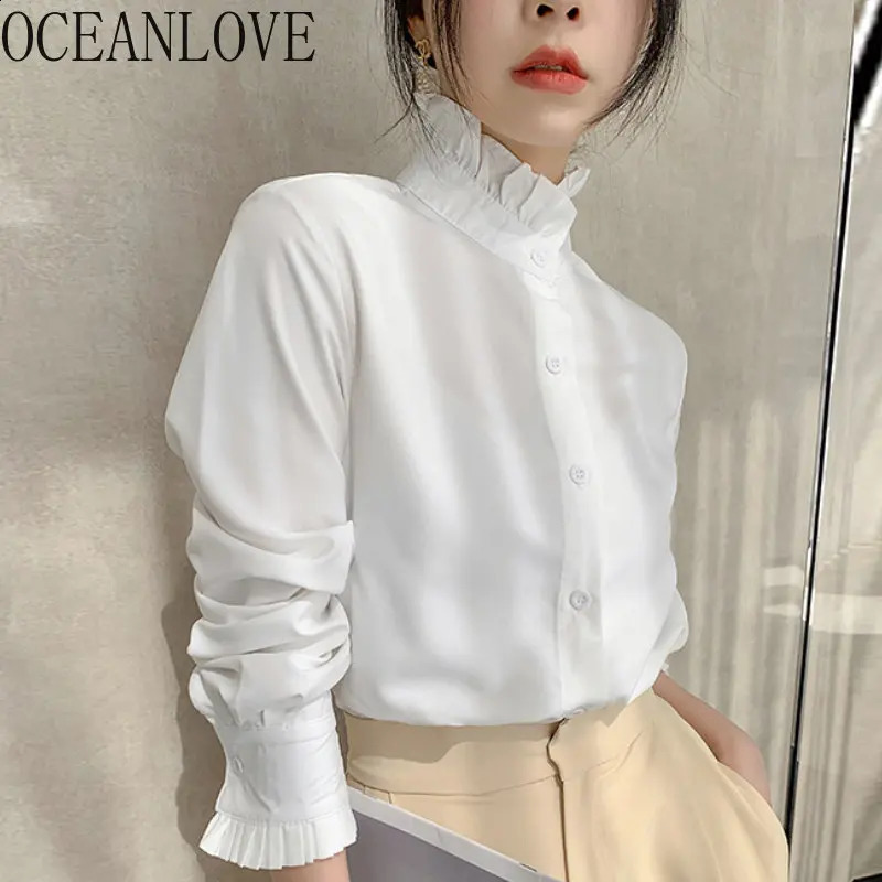 OCEANLOVE Women Shirts Stand Collar Solid Spring Autumn Office Lady Vintage Blouses Korean Style Ruffles Blusas Mujer Tops 240906