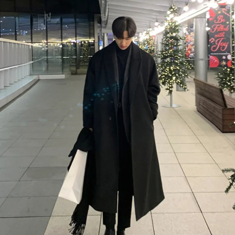 Mens Korean Trend Winter Woolen Jackets Mens Casual Loose Long Solid Wool Windbreaker Coats Street Thicken Warm Trench Outwear 240903