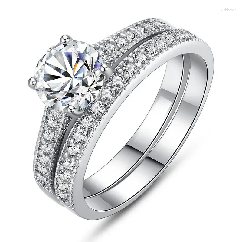 Cluster Rings Classic Wedding Ring Traditional Engagement With Shiny Brilliant Crystal Stone Silver Plated Bridal For Women