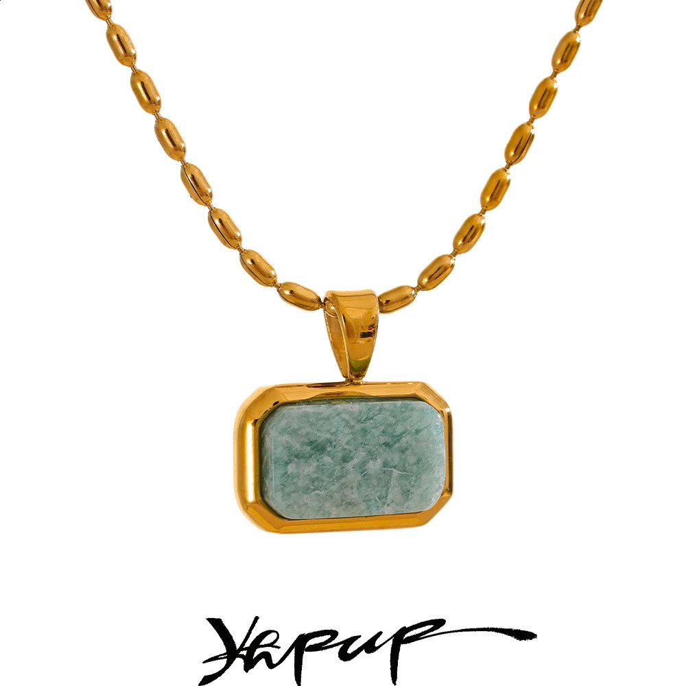Yhpup ite square natural stone fashionable pendant stainless steel necklace unique and exclusive waterproof high-quality jewelry 240906