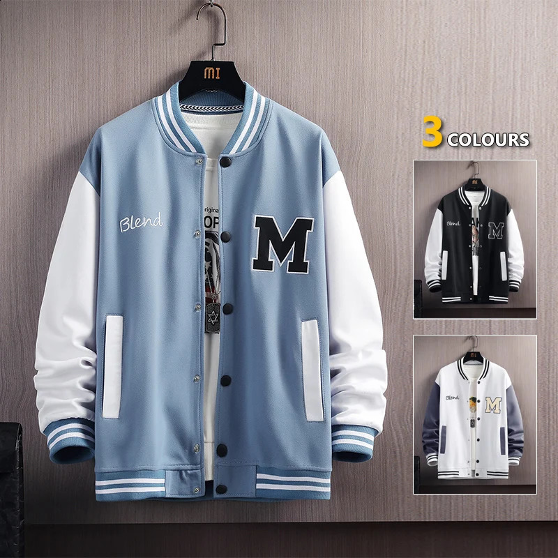 Big M letter printed hiphop patch work baseball jacket mens bomber spring oversized streetwear 240902