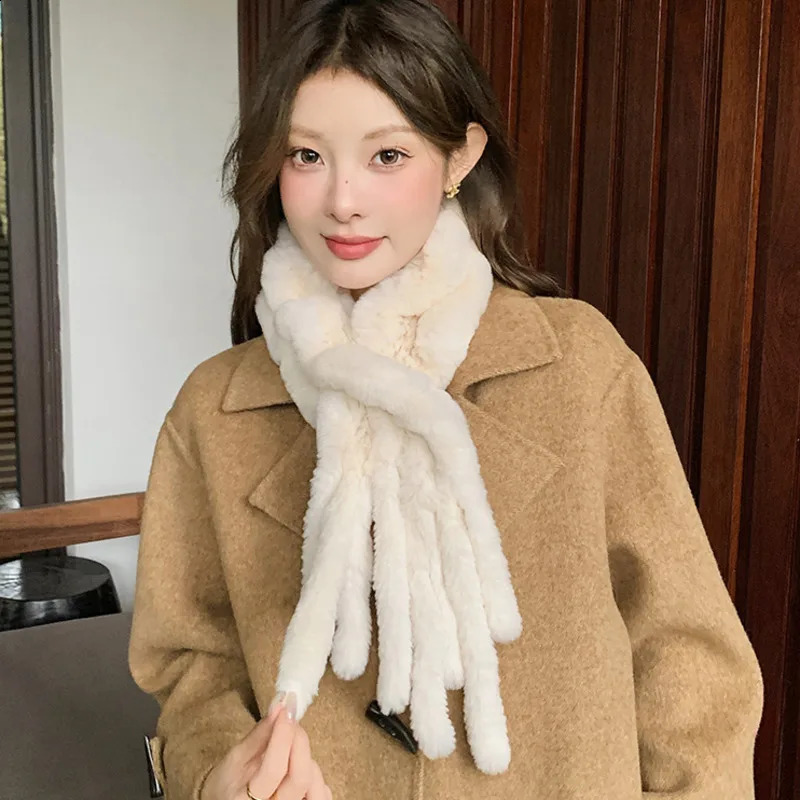 Real Rex Rabbit fur tassel scarf double-sided woven natural fur scarf handmade knitted real fur scarf womens collar warm 240906