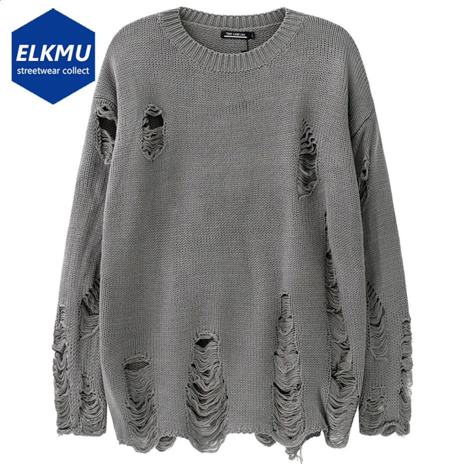 Pull déchiré pour hommes rétro pull à fermeture éclair ample noir gris pull tricoté surdimensionné Harajuku streetwear pull hip-hop Y2K 240907