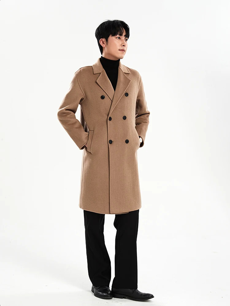 European and American Autumn and Winter Double Breasted 100% Wool Mens Overcoat Long Handmade Double-Sided Woolen Coat 240903