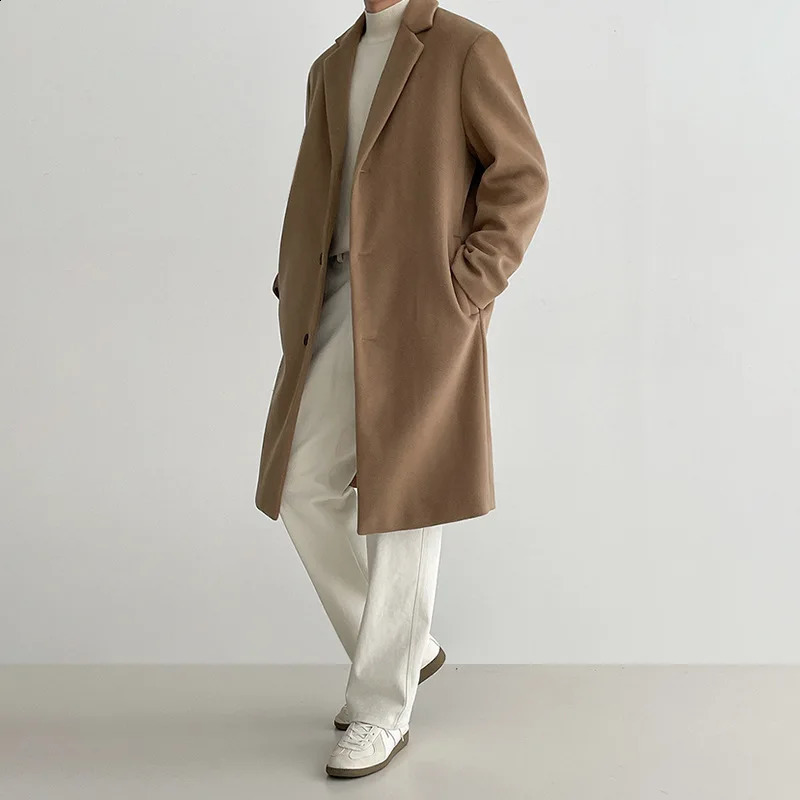 Mens Woolen Coat Medium Length Autumn and Winter Korean Version Loose British Style Thickened Woolen Trench Coat 240903