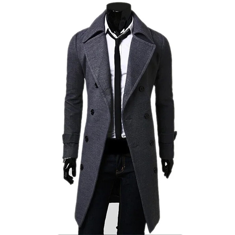 Mens Double Breasted Trench Coat Wool Blend 2024 Autumn Winter Solid Casual Slim Fit Long Jacket Fashion Clothing y240906