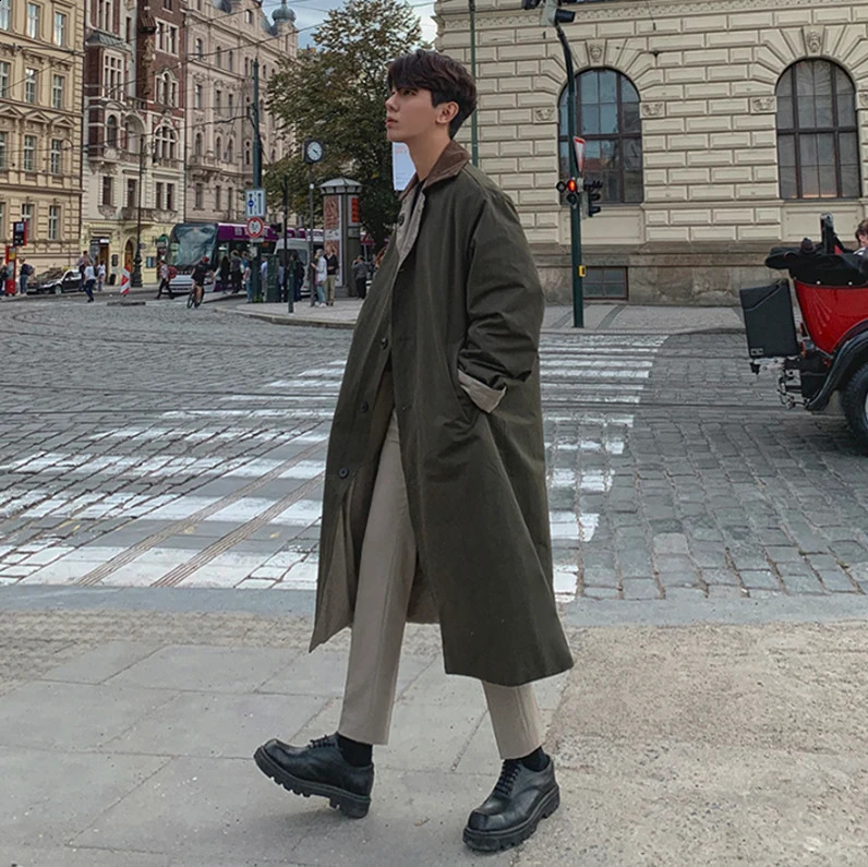 Mens Fashion Trench Coats Autumn Male Long Jackets Coats Streetwear Casual Solid Loose Windbreakers Winter Plus Size N75 240903