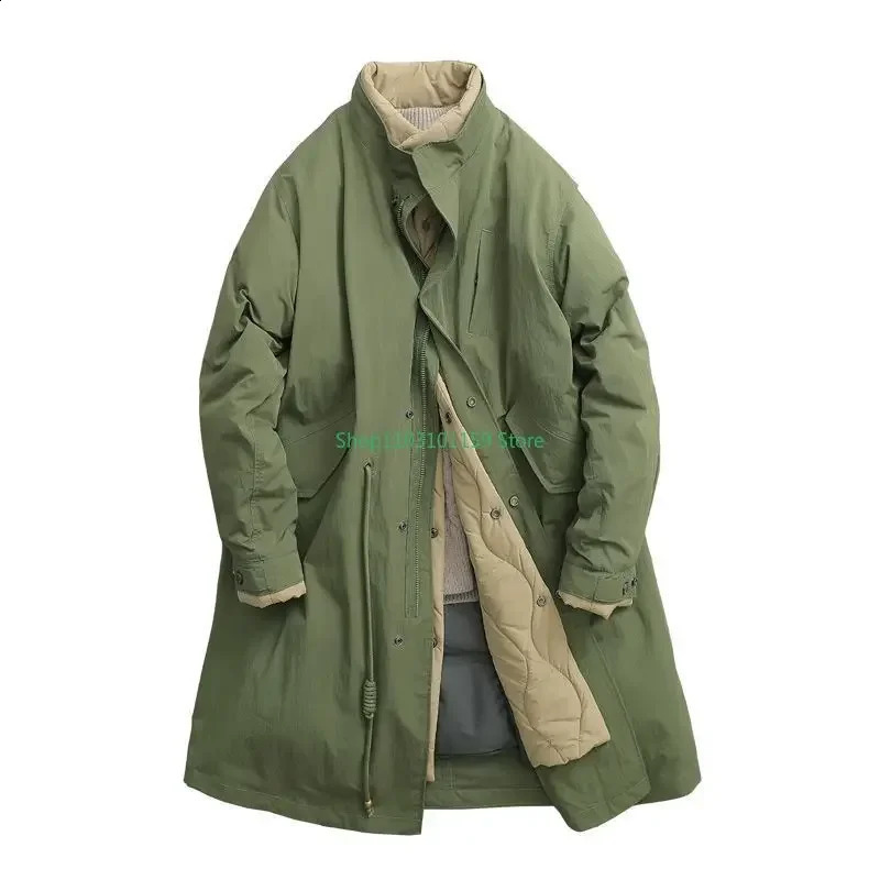 Winter mens jacket Japanese Harajuku retro vacation twopiece pure cotton set stand collar long solid color coat 240902