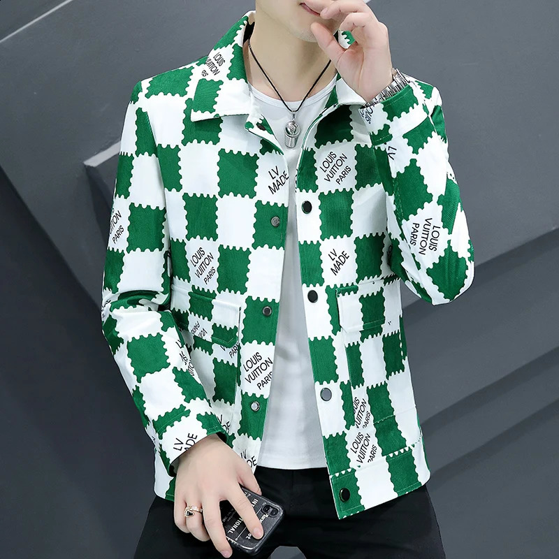 Spring Autumn Mens Lapel Corduroy Jacket check pattern Fit Coat Streetwear Men FashionColor Block 240907