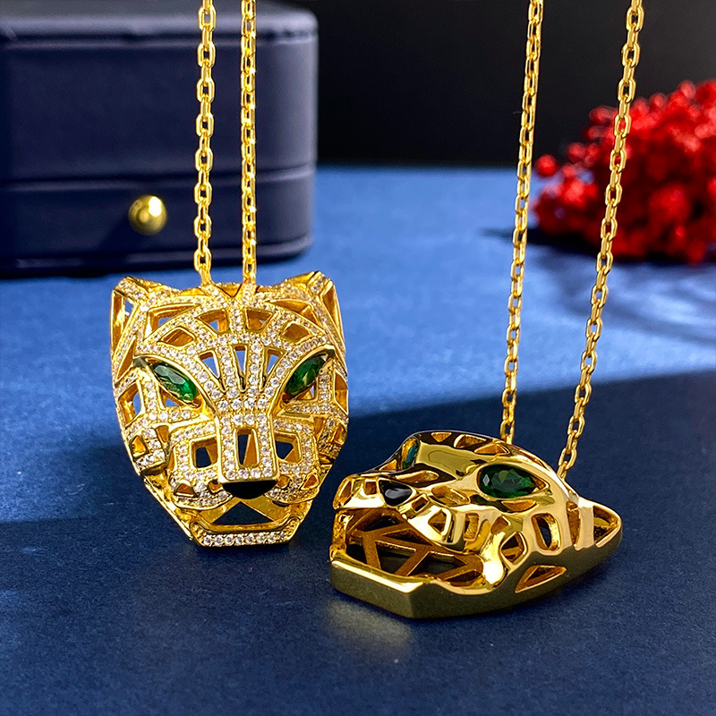 New Designer Enamel Color Cheetah Leopard Head Necklace Women Men Sweater Long Chain Punk Silver Full Diamonds Green Eyes Gold Necklace Jewelry D