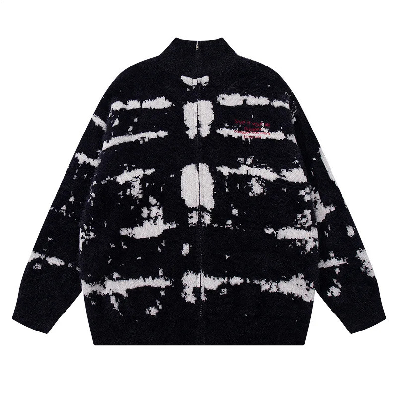 Vintage pull manteau y2k cravate tricotée dye imprimé manteau de mode streetwear hiphop punk gothique double zip up up oversize pulls 240903