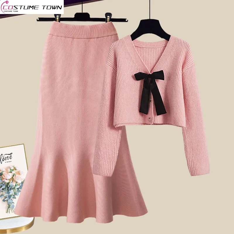 Large womens autumn and winter set Korean sweetheart style ultra-thin knitted sweetheart fish tail skirt two-piece set 240907