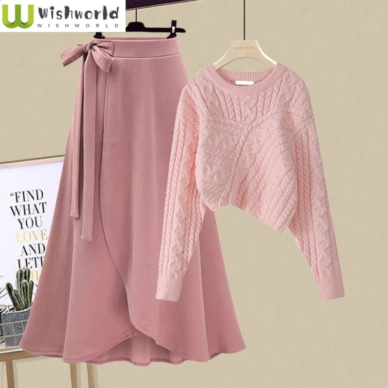 Autumn and Winter Set for Women Korean Fashion Irregular Short Sweater High Waist Half Skirt Two Piece Set 240907