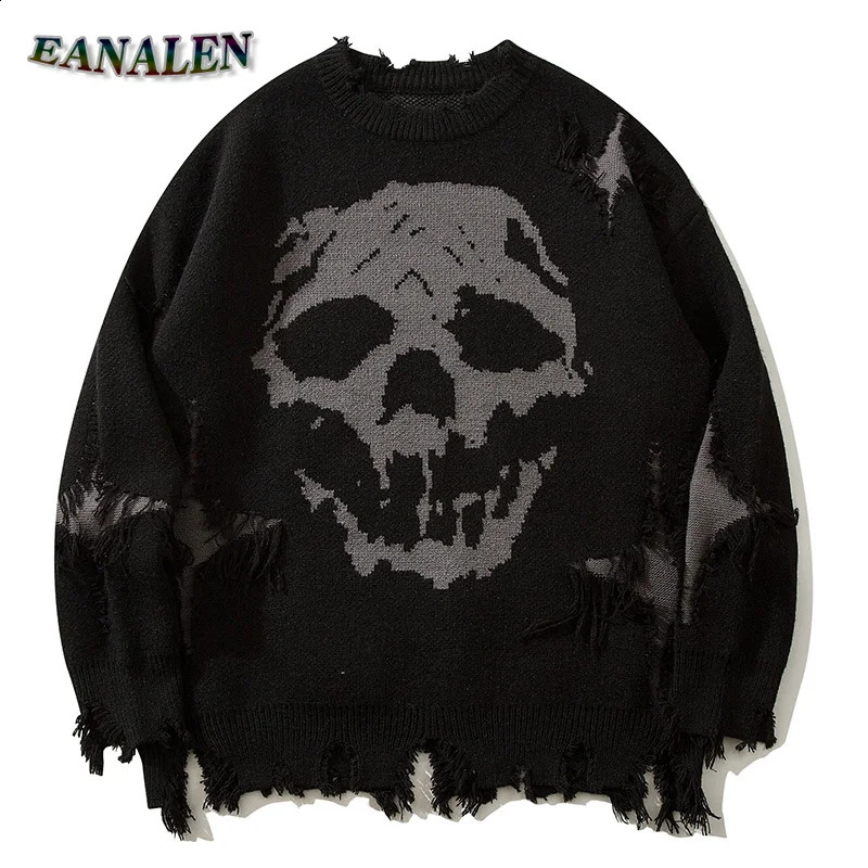 Harajuku retro black tattered sweater mens winter oversized demon skull pulley rock skydiving knitting grandpa ugly sweater womens 240907