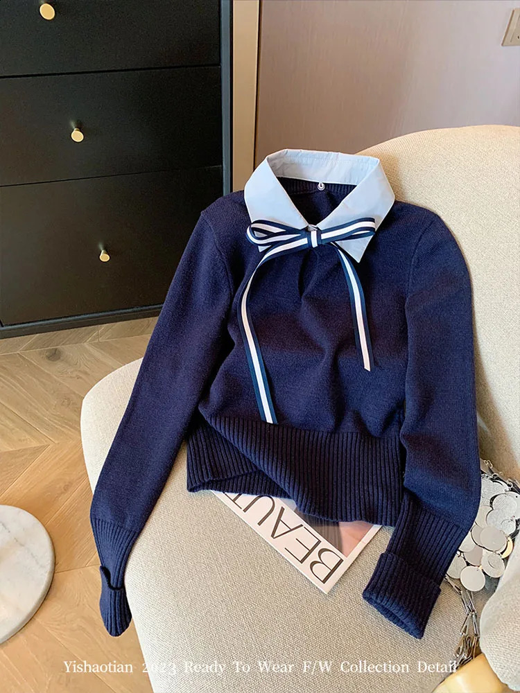 Preppy Style Navy Blue Sweater Womens Polo Neck Oversized Knitted Pulling Loose Korean Fashion Casual Slimming Bow Spring/Summer 240909