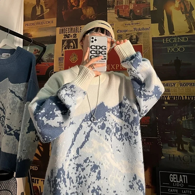 Snow Mountain Printing Hole Pull Hommes à l'automne épais lâche rond rond en tricot tricot paresseux Hong Kong Shirt 240907
