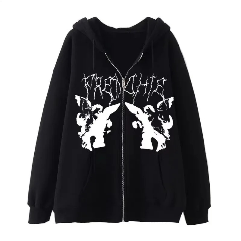 Womens Retro Angel Printed Hoodie Mens Zipper Long Sleeve Pocket Autumn Winter Street Clothing Coat Y2K Aesthetic Loose Hoodie 240909