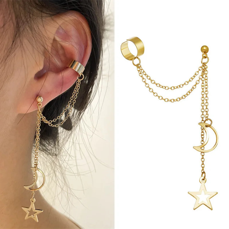 Hiphop Clip Earrings for Women Star Moon Pendants Ear Cuff Punk Personality Gold Color Tassel Clips aretes de mujer 240906z