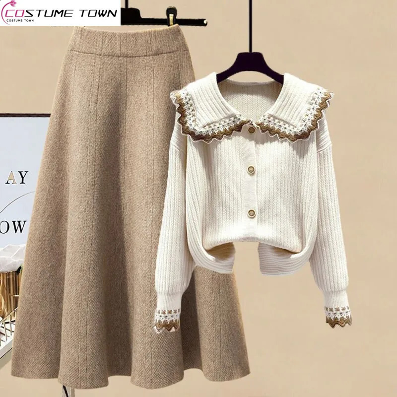 Ultra thin Womens Autumn Set Loose Aging Sweater High Waist Ultra thin Half Skirt Two piece Set Fashionable 240907