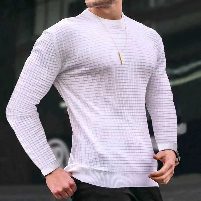 New mens casual long sleeved slim basic knitted sweater with floral pattern mens round neck autumn top cotton T-shirt W240909
