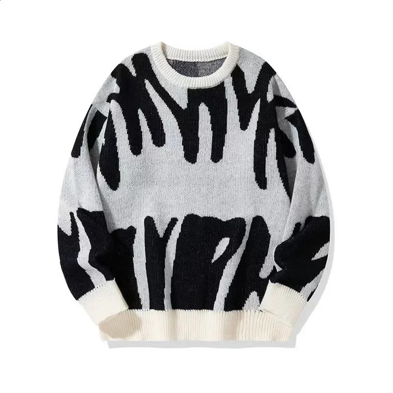 Mens Fall And Winter Round Neck Jacquard Sweater Black White Splicing Large Size Knit 240908